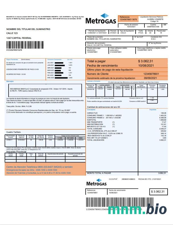 Argentyna Metrogas łatwy do wypełnienia szablon rachunku za media w formacie Word i PDF